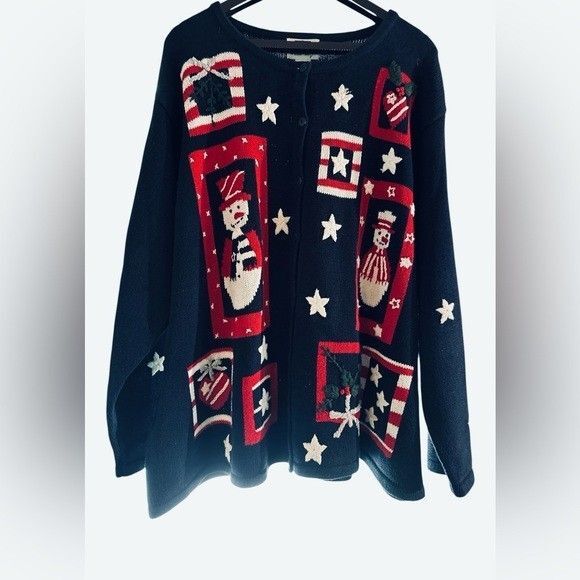 Vintage- Quacker Factory Patriotic Christmas Snowman Festive Knit Cardigan Sz 3X - Picture 11 of 13